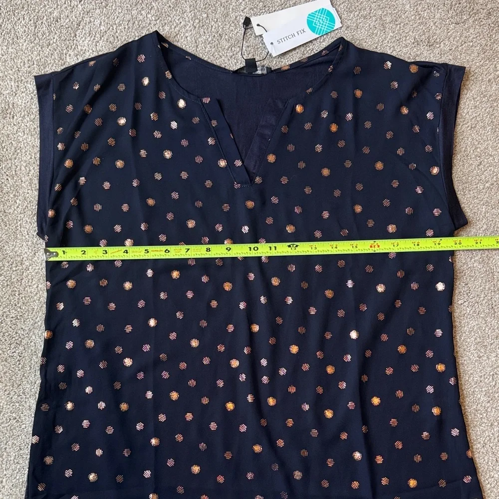 PaperMoon Mixed Material Foil Print Blouse Navy Rose Gold Polka Dot Women Medium - Picture 7 of 12